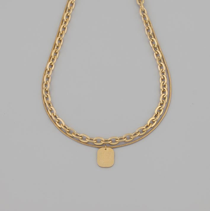 14K Gold Plated Layered Necklace with Square Pendant