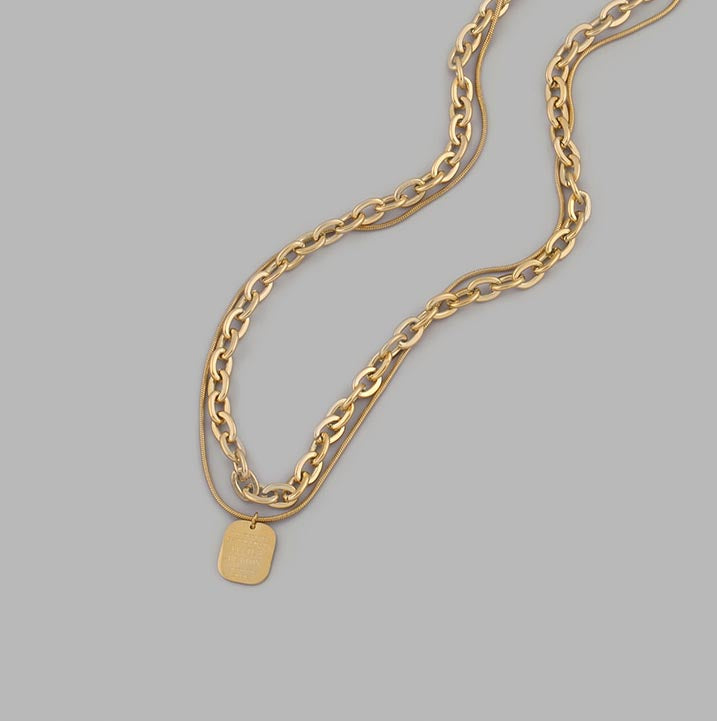 14K Gold Plated Layered Necklace with Square Pendant