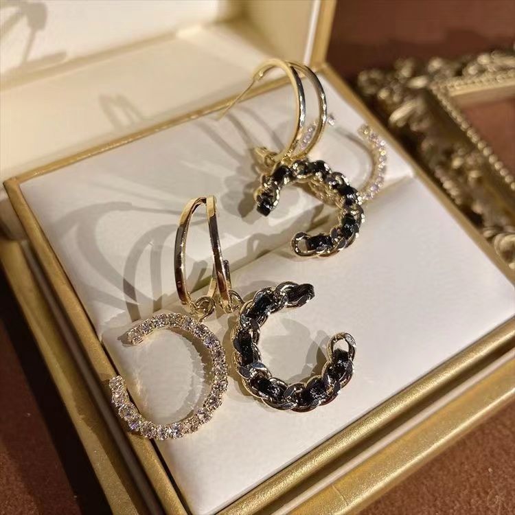 14K Gold Layer Letter C Shaped Chain Earrings Studs for Women