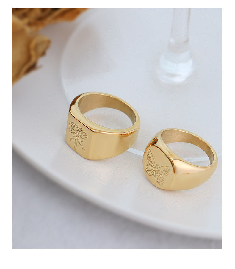 Engraved 18K Gold Flower and Butterfly Ring Birthday Gift