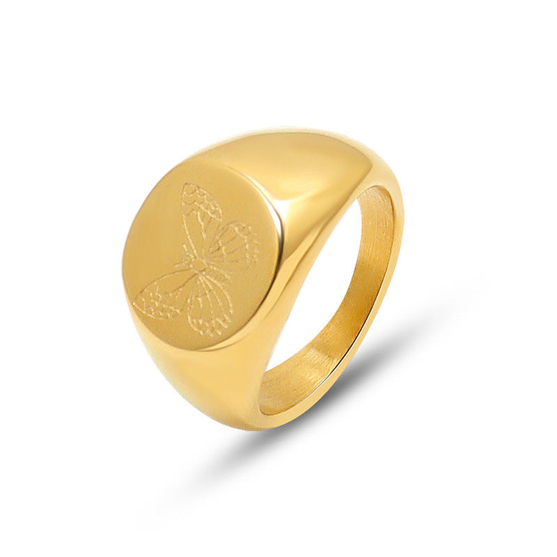 Engraved 18K Gold Flower and Butterfly Ring Birthday Gift
