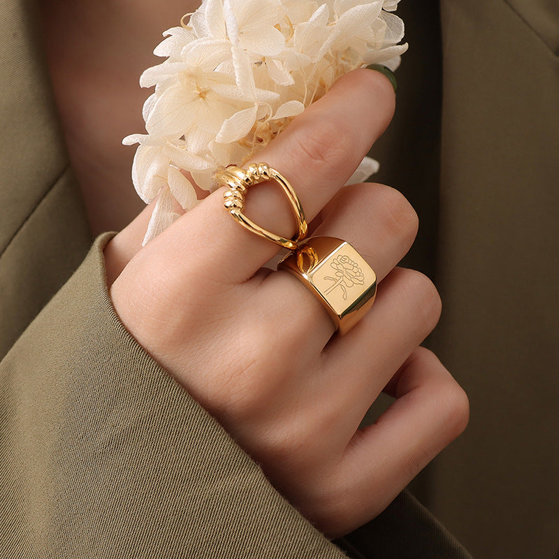 Engraved 18K Gold Flower and Butterfly Ring Birthday Gift