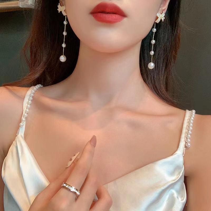 925 Slver Butterfly Pearl Long Pendant Earrings - lightofjuwelen