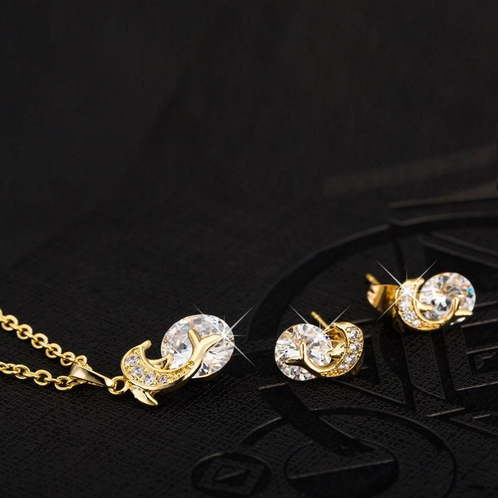 💖Dolphin Necklace Pendant Rhinestone Earring Studs For Women