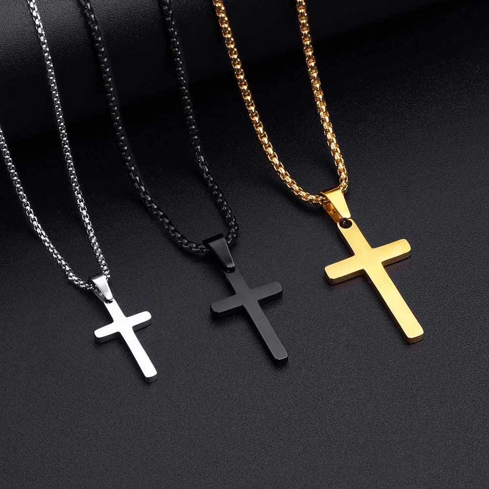 💖Stainless Steel Silver Gold Black Plain Hip Hop Cross Pendant Necklace