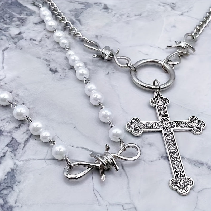 2Pcs Halloween Clavicle Chain with Faux Pearl Cross Pendant Necklace LJH27