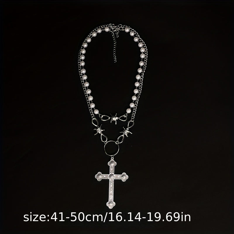 2Pcs Halloween Clavicle Chain with Faux Pearl Cross Pendant Necklace LJH27