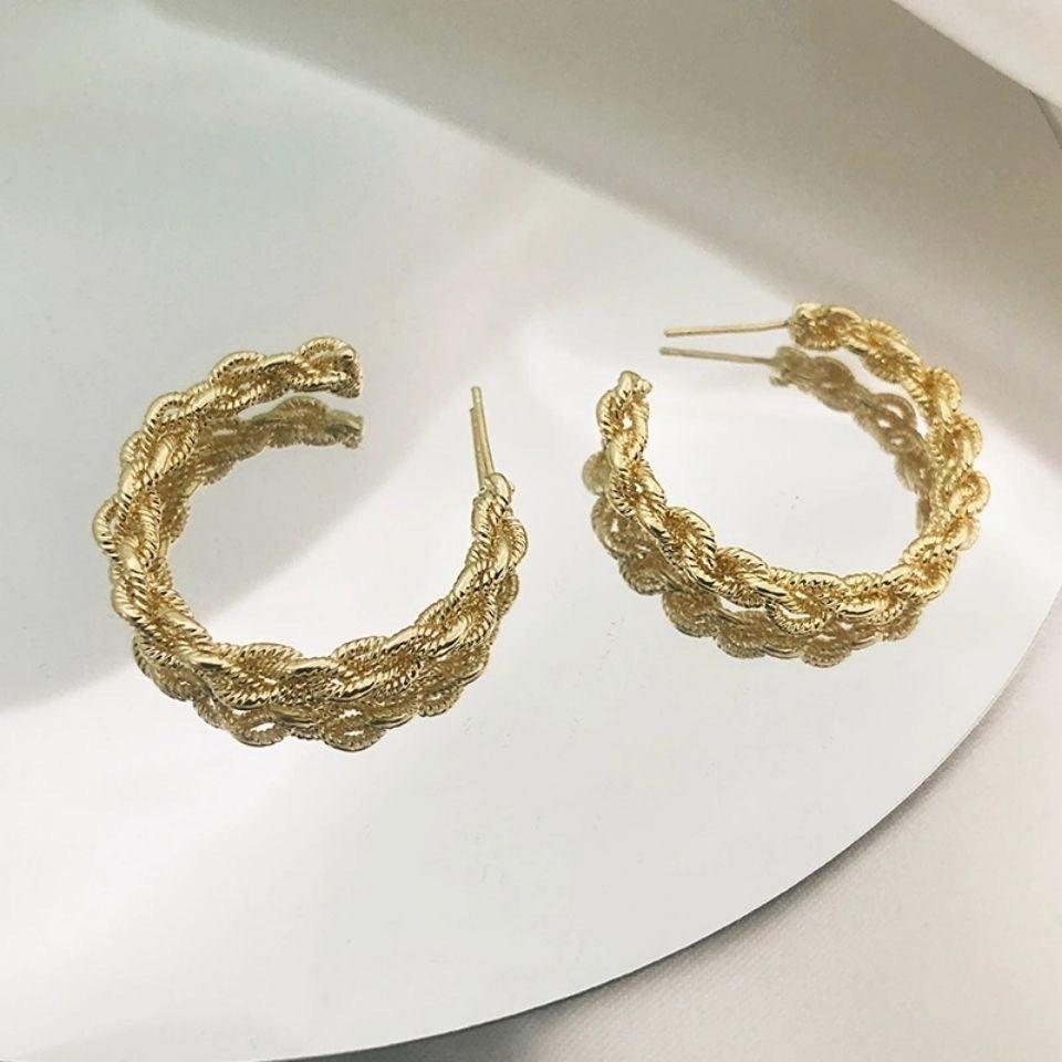 14K Gold Plated Retro Simple Twist Rope Round Hoop Earrings 