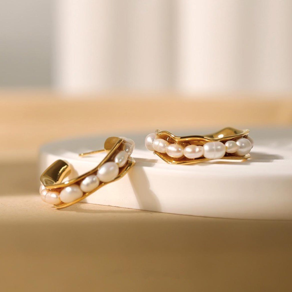 18K Gold Layer C-shaped Style Baroque Pearl Earrings Studs