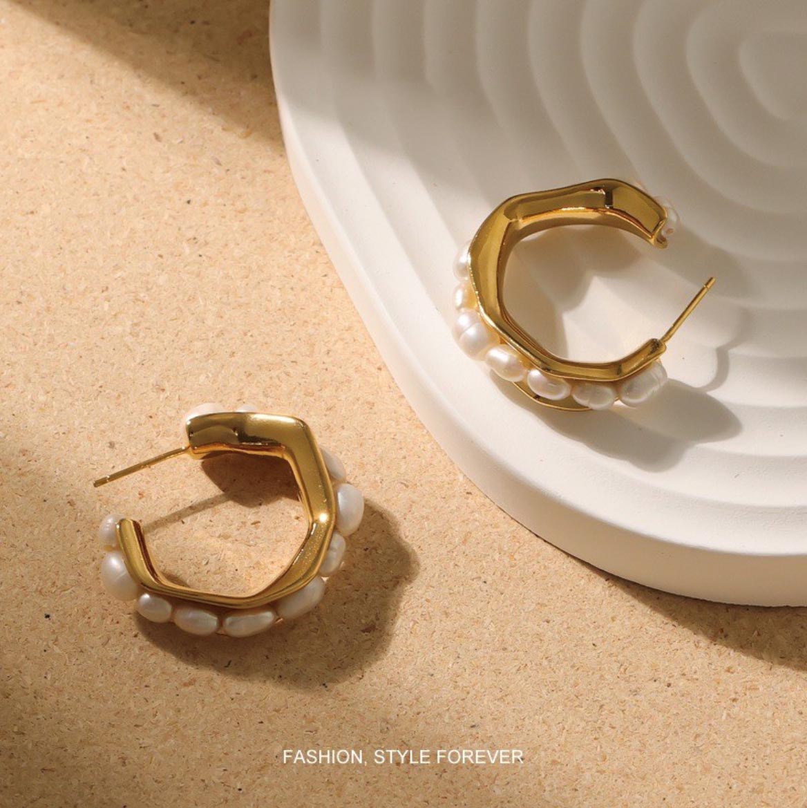 18K Gold Layer C-shaped Style Baroque Pearl Earrings Studs