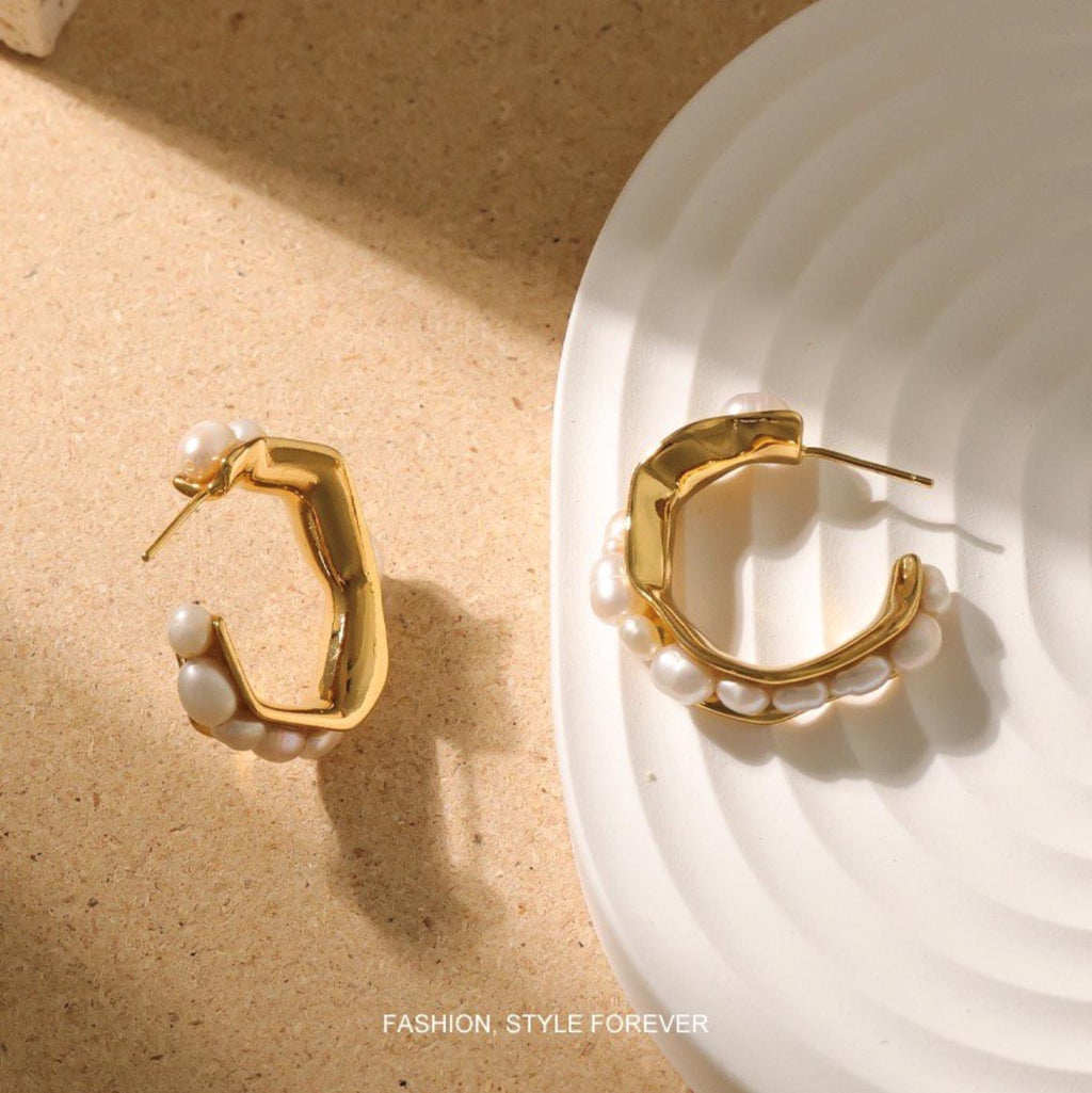 18K Gold Layer C-shaped Style Baroque Pearl Earrings Studs