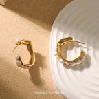 18K Gold Layer C-shaped Style Baroque Pearl Earrings Studs