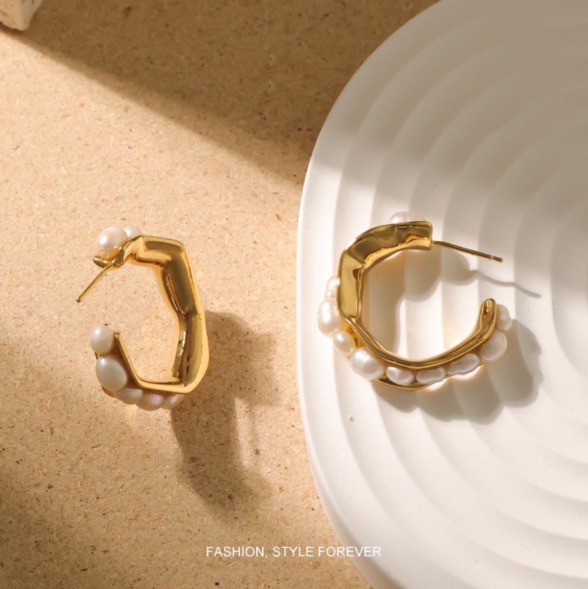 18K Gold Layer C-shaped Style Baroque Pearl Earrings Studs