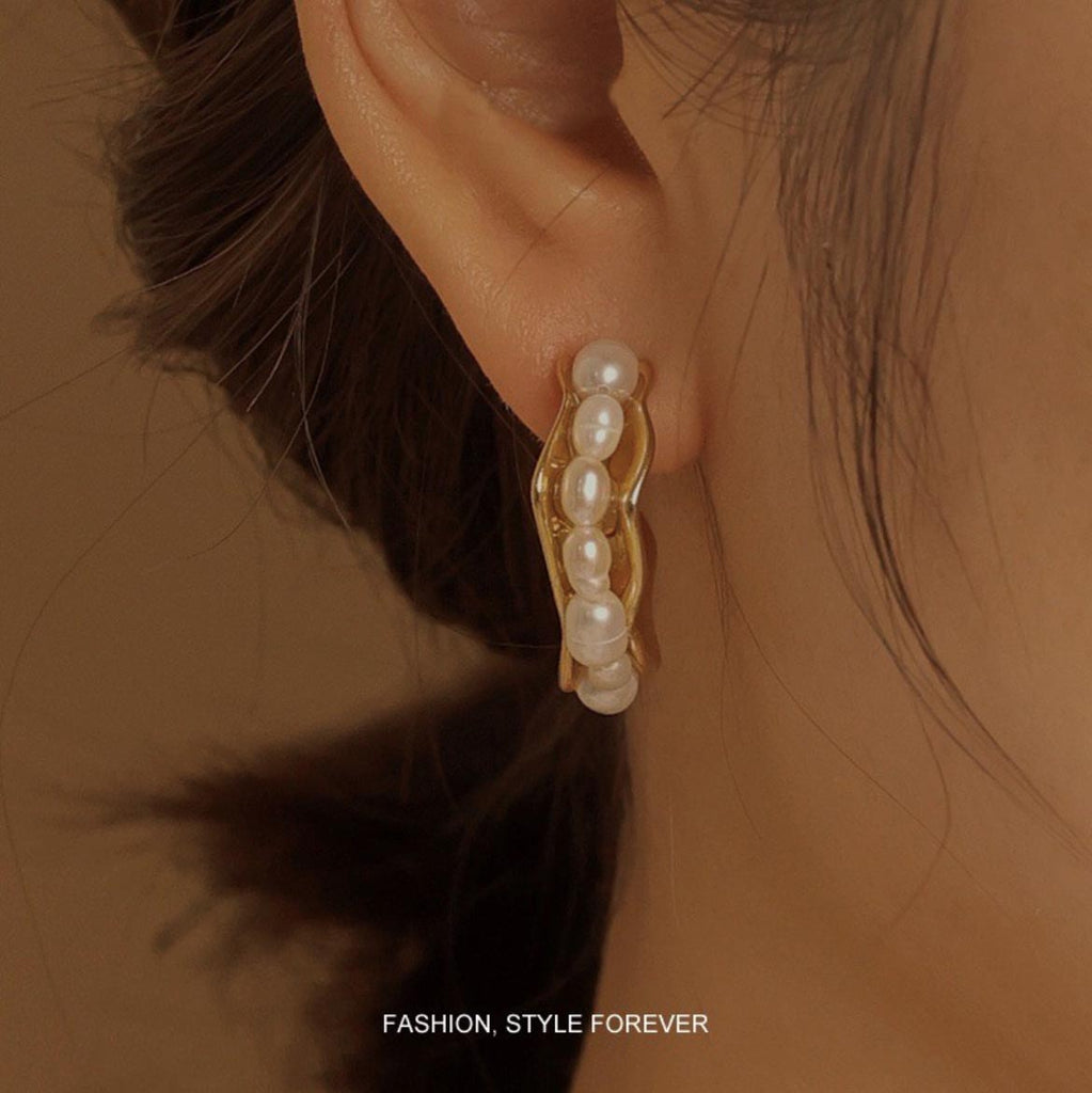 18K Gold Layer C-shaped Style Baroque Pearl Earrings Studs