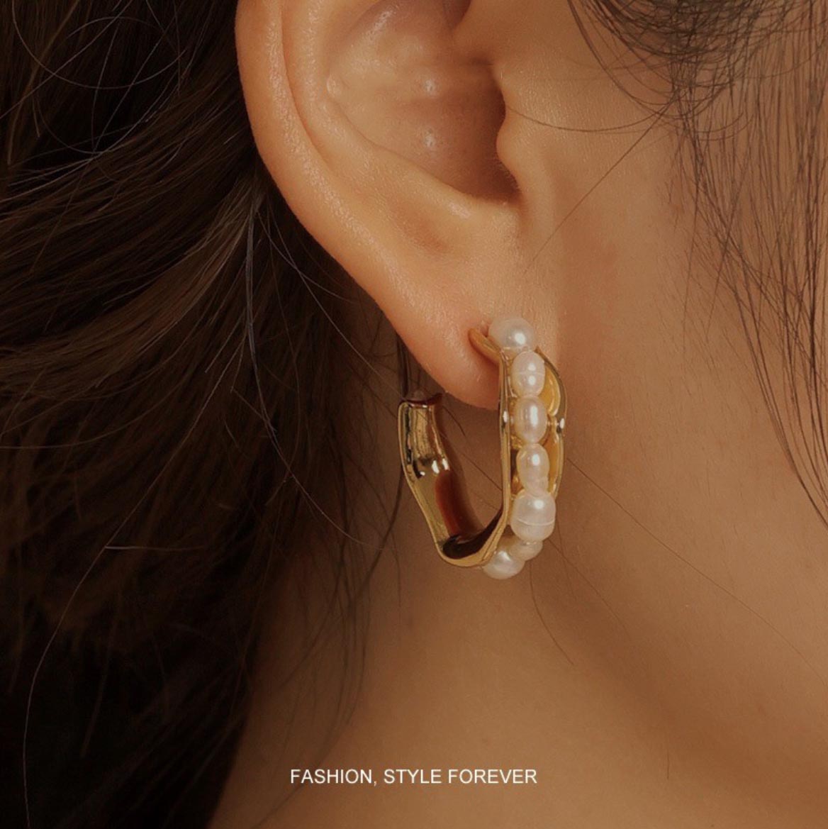 18K Gold Layer C-shaped Style Baroque Pearl Earrings Studs