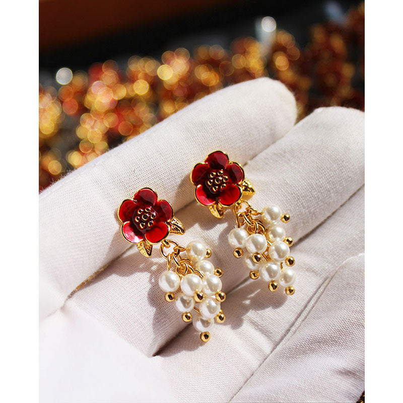 Original Handmade  Enamel  Pearl and Red Flower Tassel Stud  Earrings