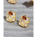 Original Handmade Enamel Cube Vintage Rose Stud Earrings