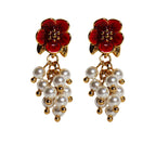 Original Handmade  Enamel  Pearl and Red Flower Tassel Stud  Earrings