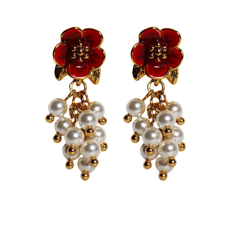 Original Handmade  Enamel  Pearl and Red Flower Tassel Stud  Earrings