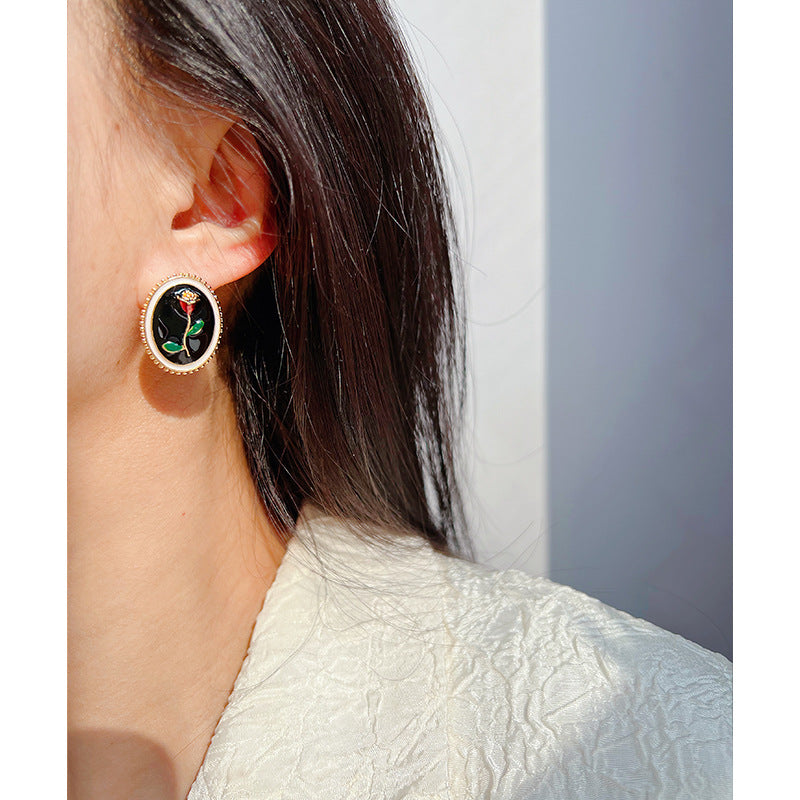 Original Handmade Enamel Vintage Drop Glazed Rose Stud Earrings