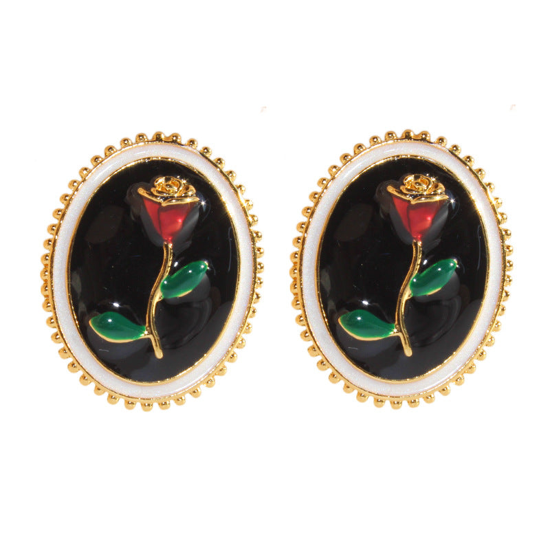 Original Handmade Enamel Vintage Drop Glazed Rose Stud Earrings