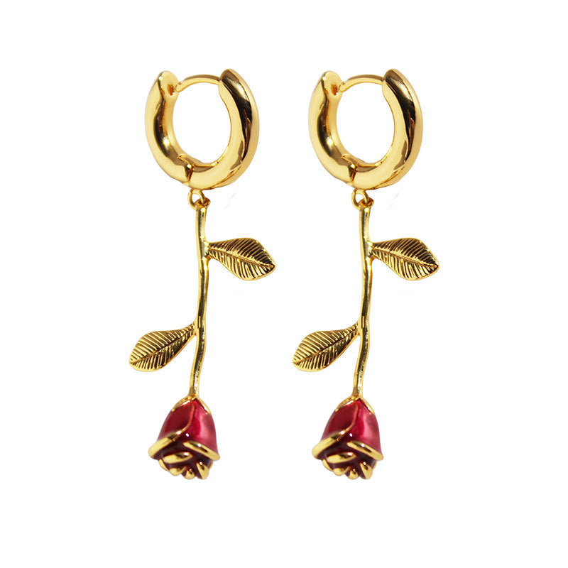 Original Handmade  Enamel  Red Rose Drop Glazed Stud  Earrings