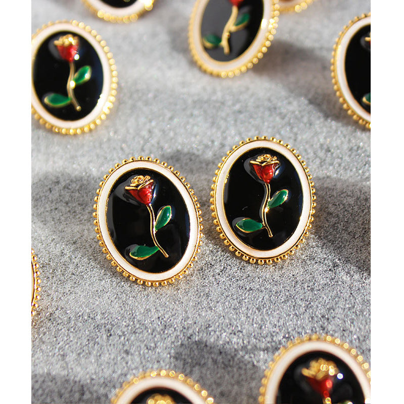 Original Handmade Enamel Vintage Drop Glazed Rose Stud Earrings