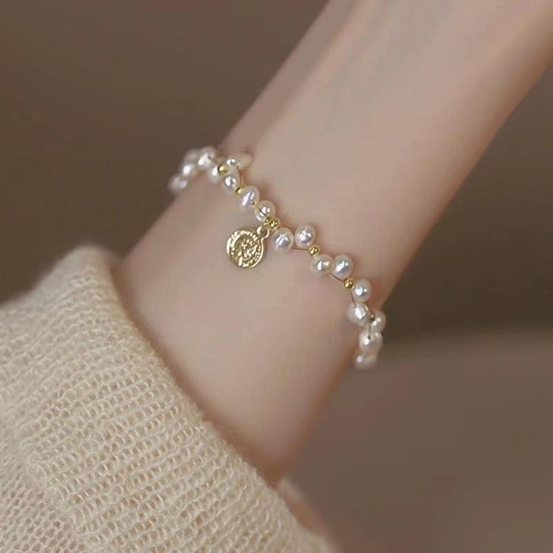 Freshwater Pearl Bracelet Round Small Pearl Braided Gold Bracelet - lightofjuwelen