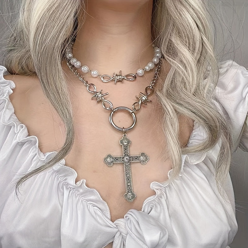 2Pcs Halloween Clavicle Chain with Faux Pearl Cross Pendant Necklace LJH27