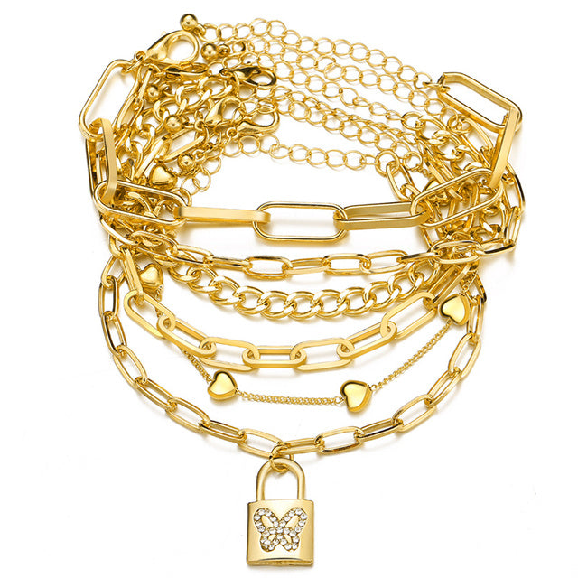 Punk Gold Multilayer Lock Crystal Chain Boho Bracelets Set