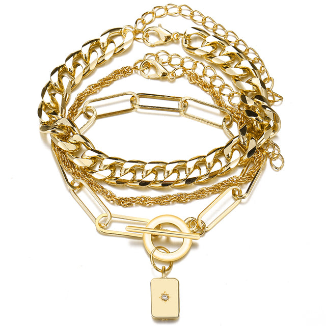 Punk Gold Multilayer Lock Crystal Chain Boho Bracelets Set