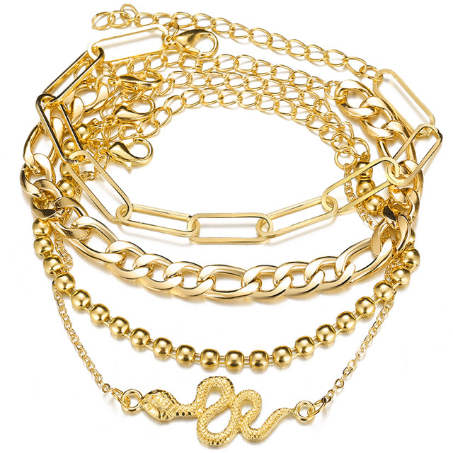 Punk Gold Multilayer Lock Crystal Chain Boho Bracelets Set
