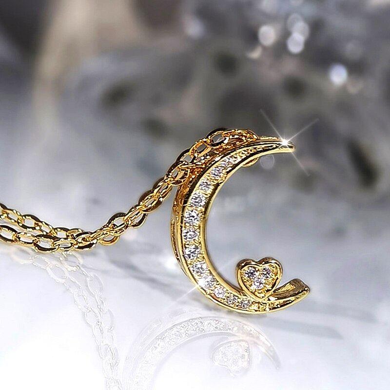 🌜18K Gold 925 Sterling Silver Moon with Heart Phase Pendant Necklace