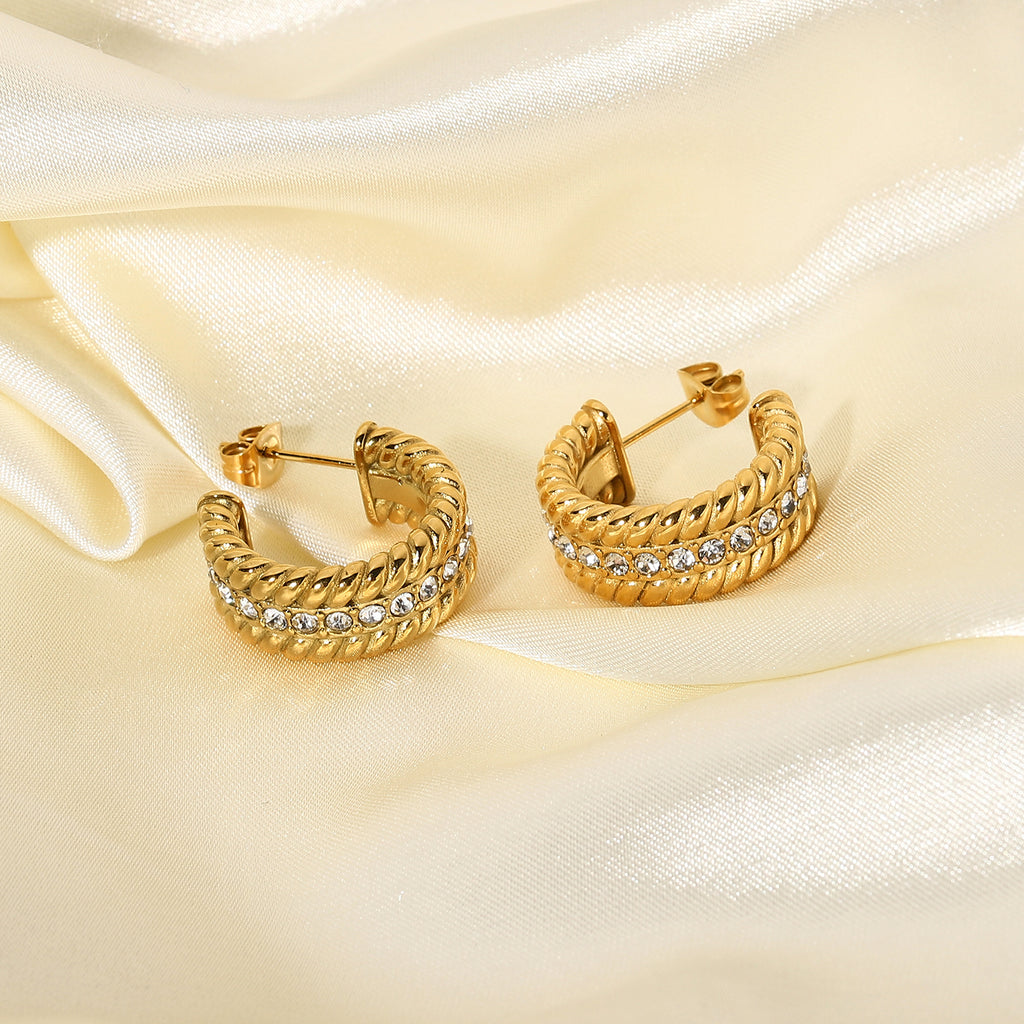 Stainless Steel Crystal Rhinestone Twisted Hoop Earrings For Women