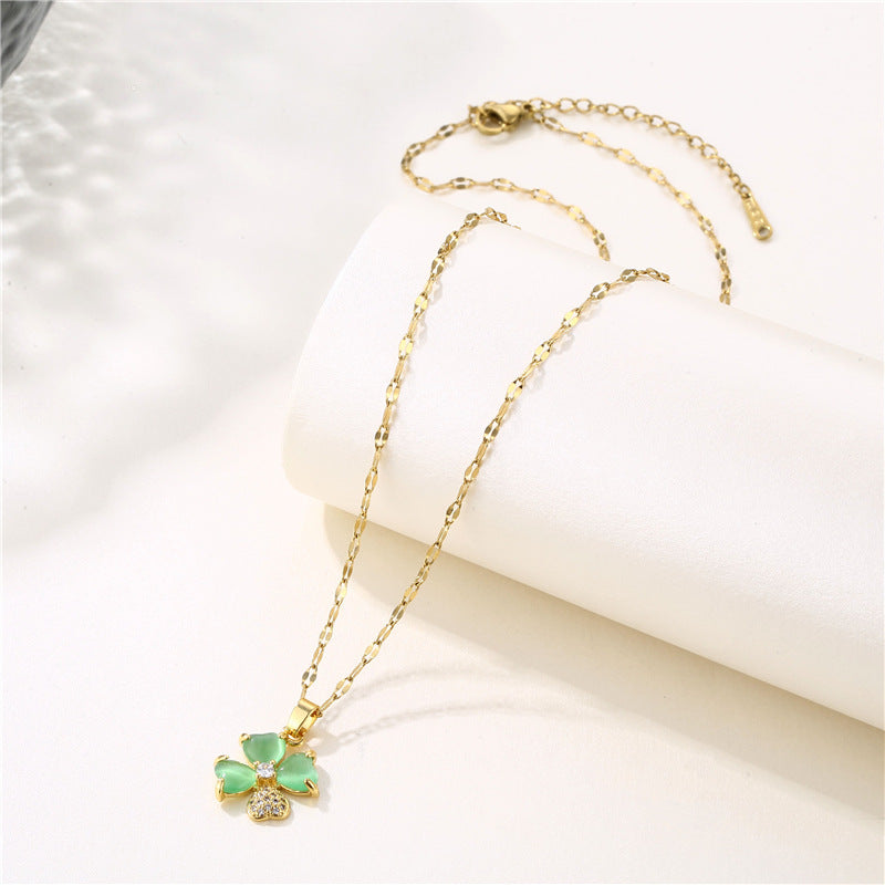 18K Gold Plated Necklaces Mint Green Lucky Flower Pendant