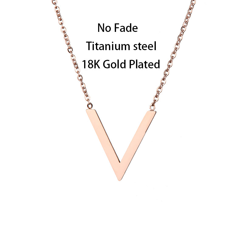 18K Gold Plated Rose Gold Letter V Pendant Titanium Steel Necklaces