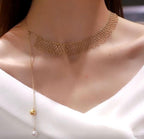 18K Gold-plated Flash Mesh Lace Necklace with Pearl Pandent