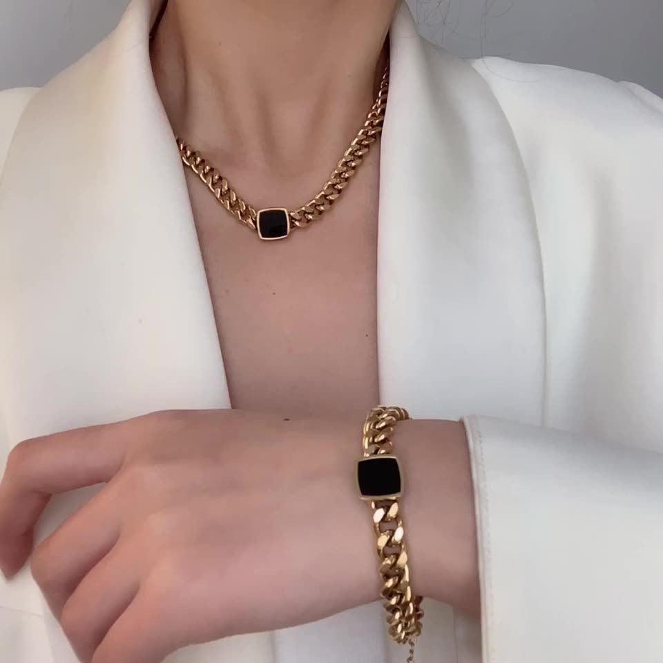 💖Thick Chain Necklaces Easy Matching Black Square Clavicle Chains
